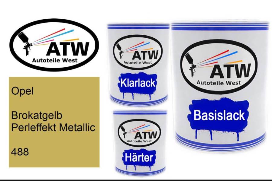 Opel, Brokatgelb Perleffekt Metallic, 488: 1L Lackdose + 1L Klarlack + 500ml Härter - Set, von ATW Autoteile West.